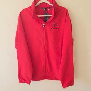 Cutter & Buck Topgolf Men's Large Red Windbreaker Jacket Packable Hood Eco Zip